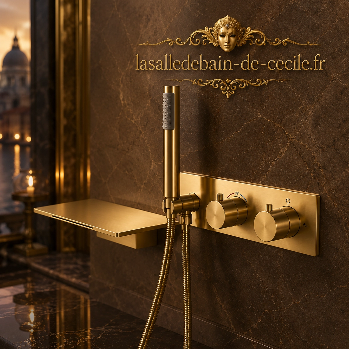 Détail mitigeur bain mural thermostatique doré brossé Léno
